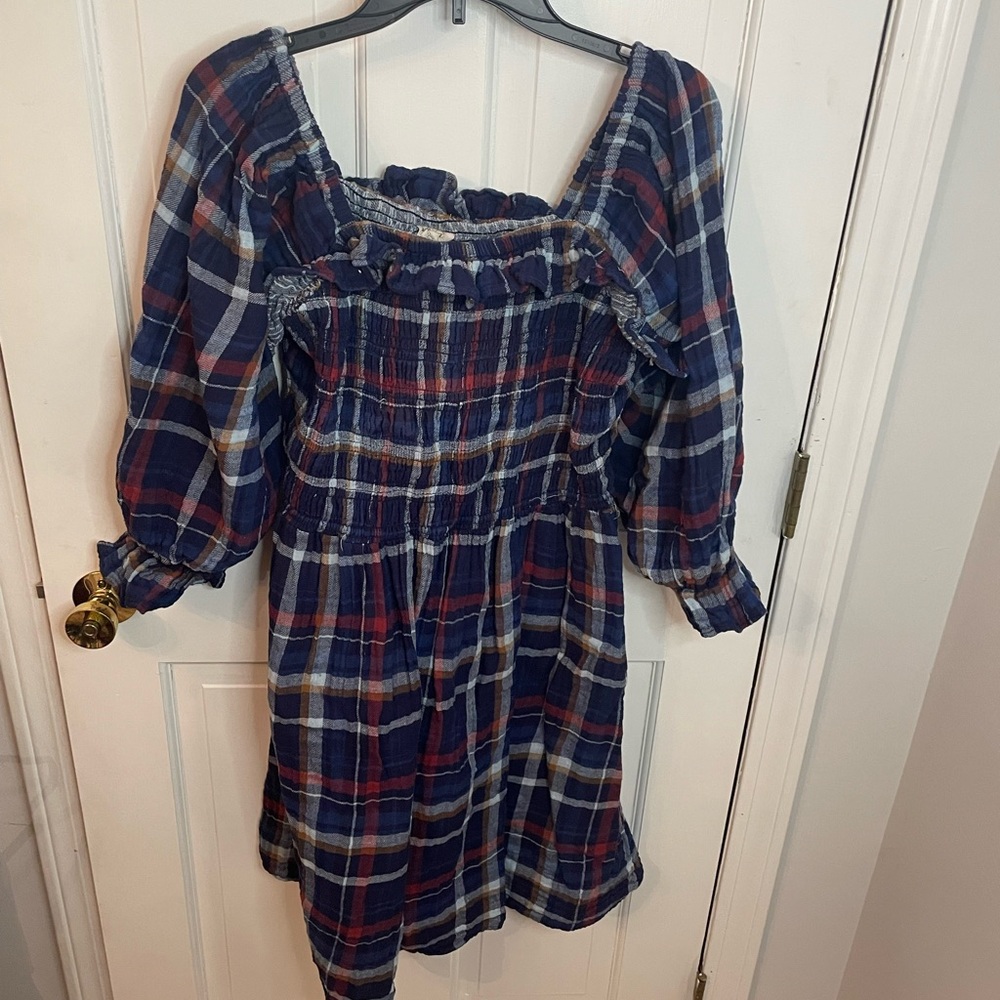 Blue and Red Square Neck Puff Sleeve Dress